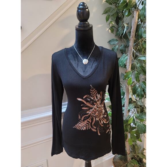 CAbi Top Women's Size L Black Long Sleeve V Neck Floral Sequin Beaded Stretch - Picture 1 of 12